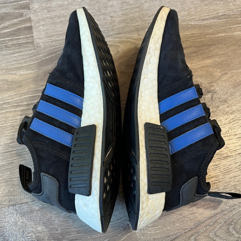Adidas NMD R1 Black Suede Blue Stripes Boost Sneakers F97579 Womens 5.5